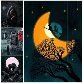 Luna Cat & Rock,Skrivnostna Noč Wall Art Platno Barvanje Ljubko Čarovnik Mačka, Ki Letijo Na Luno Poster Tiskanje Doma Dekor Brez Okvirja
