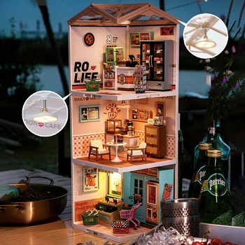 3D Puzzle Miniaturne Hiše kavarna Knjigarna Trgovini Udobje Zbiranja Igrač z Lučmi Zbirka Okras Božično Darilo