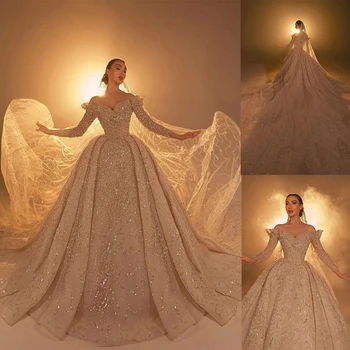Sparkly Off Ramenski Sequins Poročne Obleke Princess Z Dolgimi Rokavi Poročne Žogo Oblek Po Meri Narejene Vestidos De Novia