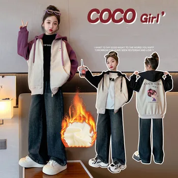 2023 Korejski Jeseni, Pozimi Junior Dekle Zgostitev Hooded Outwear Osnovnih Dekle Risanka Dekle Natisnjeni Plašč Junior Dekle Mozaik Vrh