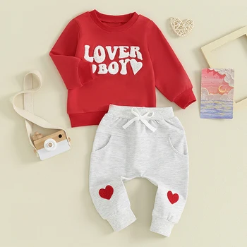 Baby Boy Valentine s Dan Obleke Pismo Vezenje Long Sleeve Majica in Elastične Hlače za Malčke Sodijo Oblačila