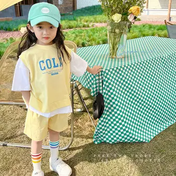 Dekle 2023 Nove Priložnostne Poletje T-shirt Obleke korejskem Slogu Baby Mladih Najstnic Kratek Rokav Kontrast Barve 2Pcs Obleke, Kompleti