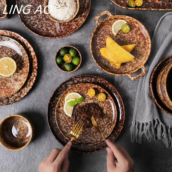 LingAo Japonski keramični ustvarjalne skledo, pečenka, juha, zrezek ploščo pribor set