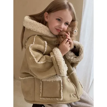 Otroci Suknjič Nov Modni Lambswool Dekle Coats Hooded Fur Coats Vrhnja oblačila Pozimi Dveh Straneh Obrabe Ujemanje Top Kostume Otroci