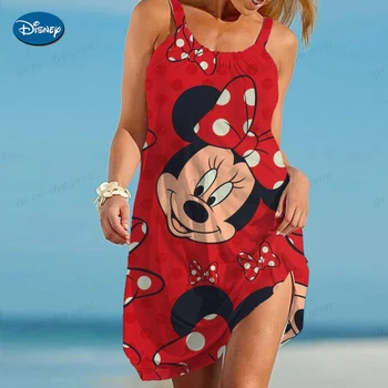 Disney Minnie Mickey Mouse Tiskanja Plaža Obleko Žensk Priložnostne Svoboden Tank A-Line Sundress Puloverju brez Rokavov Osnovni Dnevni Obleko