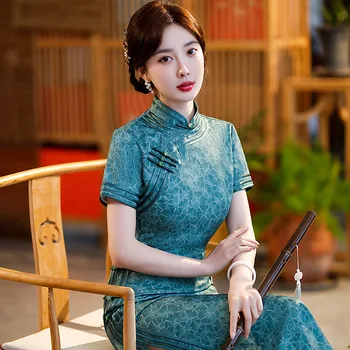 Yourqipao Poletje Svile Zelena Cheongsam Modni Retro Dostojanstven Elegantno Qipao Tradicionalni Kitajski Slog Večerno Obleko za Ženske