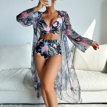 2024 Poletje Plažo Ženske Bikini Komplet Z Očesa Dolgo sleeved Bluzo Velikost Seksi Bikini Tri Kose Cvjetnim Natisne Kopalke