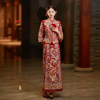 2024 Xiuhe Obleko Neveste Novo Poročno Obleko Nova Kitajska Poročna Obleka Toast Obleko Slim Qipao Plašč Zmaj Phoenix Plašč