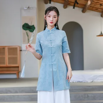 2022 Zgodaj Spomladi Novi Kitajski Slog Zen Čaj Obleko Sredine dolžina Tang Žensk Top Klub Zdravja Uho Izbirnikom Poletje