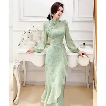 Kitajski Tradicionalni Cheongsam Obleko Izboljšanje 2023 Pomlad Slip Obleko Fishtail Krilo Qipao Dva-delni Set ženskih Oblačil