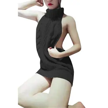 Korejski Modni Pulover Ženske Seksi Backless Brez Rokavov Turtleneck Puloverju Plesti Pulover Cosplay Obleko Jeseni Ženske Oblačila 2023