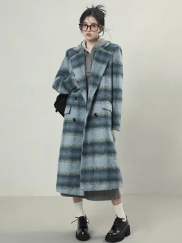 2023 Jesen Zima Dolgo Toplo Modro Kariran Volnene Plašče Ženska Outwear Korejski Moda Elegantno Jakno Zapenjanje Ohlapnih Oblačil, Načrtovanje