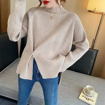 Pol visok ovratnik pulover pulover ženske 2023 trdna svoboden odprt plesti jeseni in pozimi priložnostne long sleeve jopica ženski pulover