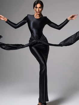 Črno Obleko Maxi 2024 Moda Krog Vratu Dolg Rokav Ulične Bodycon Obleka Ženske Elegantne Stranka, Večerne Obleke Temno Rjava