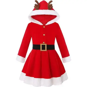 Lepe Božične Oblačila za Ženske, Dekleta Božič Elk Rogovja Hooded Rdeča Obleka s Pasom Cosplay Stranka Kostum Počitnice Oblačila