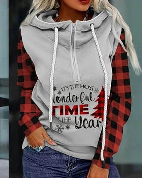Ženski pulover s kapuco Vrh 2023 Nove Božič Natisnjeni Kariran Mozaik Hoodie Majica Jeseni, Pozimi Dolgimi Rokavi, Zadrgo Design Puloverju