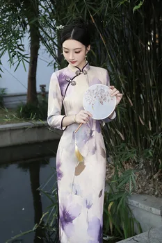 Yourqipao Jeseni Nov Modni Kitajski Slog Dolgo Vijolično Tiskanje Cheongsam Halje Klasično Elegantno Vitek Ženske Hanfu Maturantski Oblek