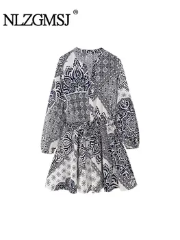 TRAF 2023 Ženska Elegantna Natisnjeni Mini Obleka z Dolgimi Rokavi Z Pasu Letnik Pomlad Jesen Elegantno Vitek Obleke