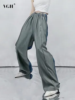 VGH razrezana vrvico hlače za ženske visoko pasu mozaik denim hit barve naravnost širok noge hlače ženska modna oblačila