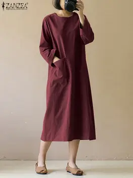 ZANZEA Ženska Moda Sundress Pomladni Vintage Obleko z Dolgimi Rokavi Vestidos Trdnih Delih Robom Haljo Ženske Žepi Ohlapno Obleko Midi