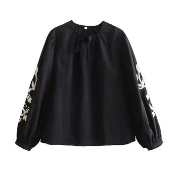 Ženske Nove Modne Vezene čipke dekoracijo Black Svoboden Priložnostne Vintage Bluze O Vratu Dolgimi Rokavi Ženske Majice Elegantna Vrhovi