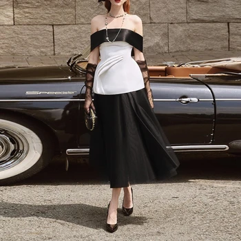 Muloong White&Black Čaj-dolžina Večerno obleko Poročno zabavo Obleko Off Ramenski Til Rokavice, Obleke Ženske 2023 Salon Formalno Obleko