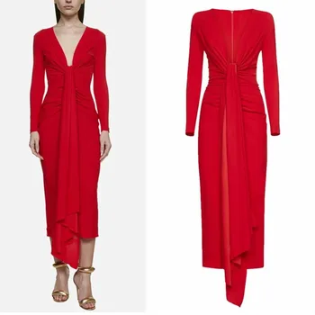 Classy Kratek Rdečim Krep Večerne Obleke Tulec Proti-Vrat Naguban Čaj Dolžino Zadrgo Formalno Stranko Obleko za Ženske