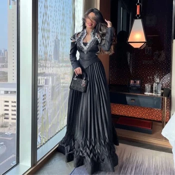 Fashionvane Black Gub A Linija Obleke Dubaj Večer Ročno Beaded Izrez Dolge Rokave Pageant Stranka Maturantski Formalno Oblek