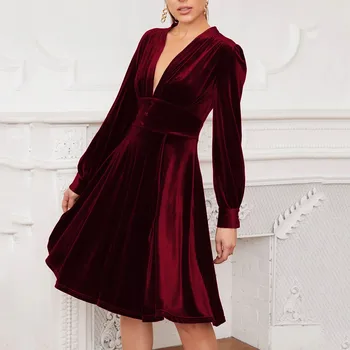 Luksuzni Stranka Obleko Ženske 2023 Rdeče Mah Proti-vrat Trdna Ženska Oblačila z Dolgimi Rokavi Elegantno Svoboden Ženske Večerne Obleke Vestidos