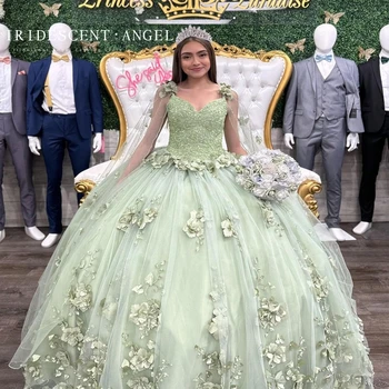 MAVRIČNA Žoga Obleke Mint Zelena Quinceanera Obleke S 3D Cvet Dekle Vestido De 15 Anos 15 letni Rojstni dan Obleke