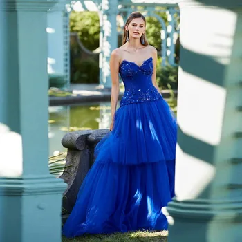 KSDN Luksuzni Kraljevsko Modra Ljubica brez Rokavov Organza Dolžina Tal Appliques Sequined Vzporedno S-Line Elegantno Večerno Obleko Obleke