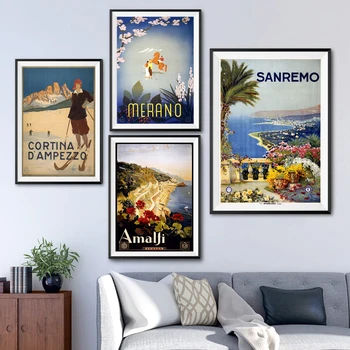 Vintage Potovanja Plakatov in Fotografij Italije Manjših Mest Amalfi Merano Sanremo Platno Stensko Slikarstvo Umetnost Fotografije, Dnevna Soba Dekor