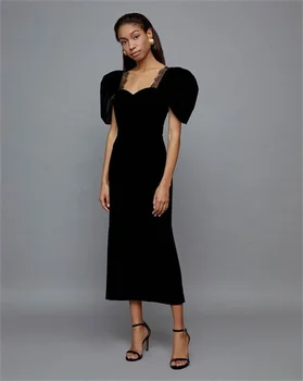 Črno elegantno žamet Naravnost Amanda Luksuzni čipke ovratnik zabuhle kratka sleeved žogo obleke za ženske вечернее платье