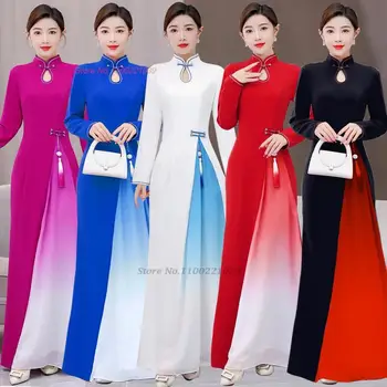 2024 aodai tradicionalnih vietnam cheongsam obleko retro gradient barve, vintage qipao nacionalni ao dai obleko eleganten stranka qipao