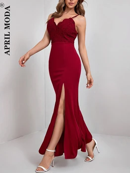 2024 brez Rokavov Čipke Dolgo Večerno Obleko za Ženske Elegantno Rdeče Visoko Split Sirena Party Obleke