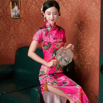 Vintage Slim Kitajske Tradicionalne Cheongsam Kratek Rokav Split Qipao Obleko
