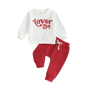 Newborn Baby Fantje Dekleta Valentinovo Obleke z Dolgimi Rokavi O-vratu Pismo Tiskanja Sweatshirts+Žep Hlače za Malčke Športna Oblačila